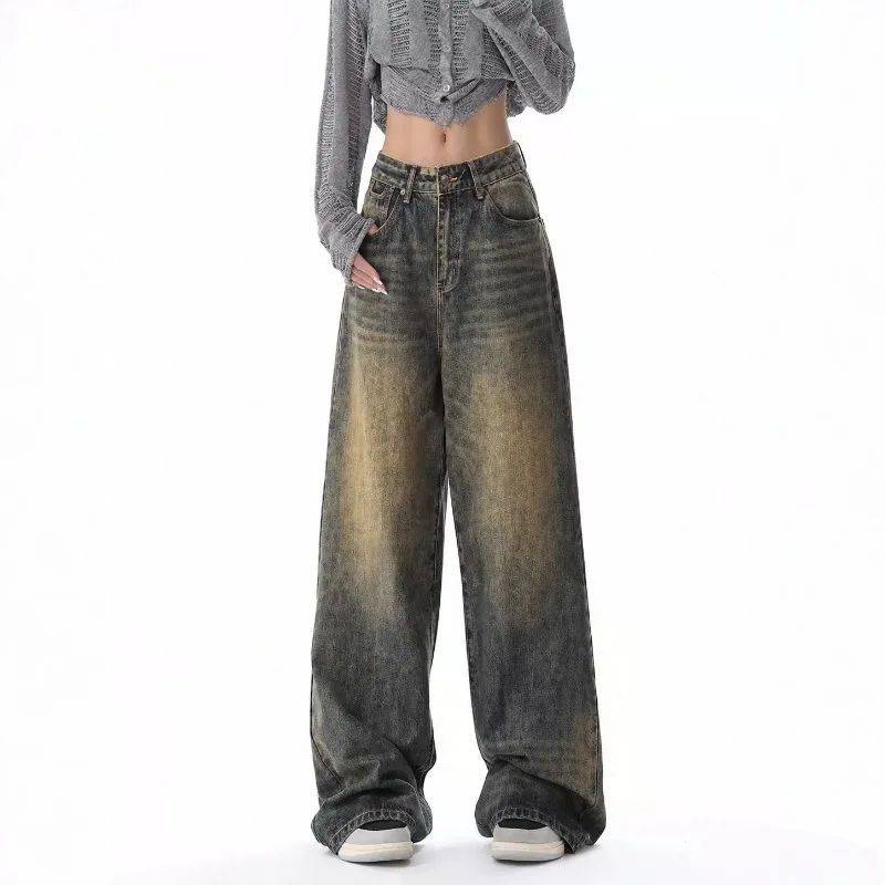Unisex Vintage Wide Leg Jeans Retro Distressed Denim Pants Buckle Loose Floor Length Casual Streetwear Trousers For Men Women