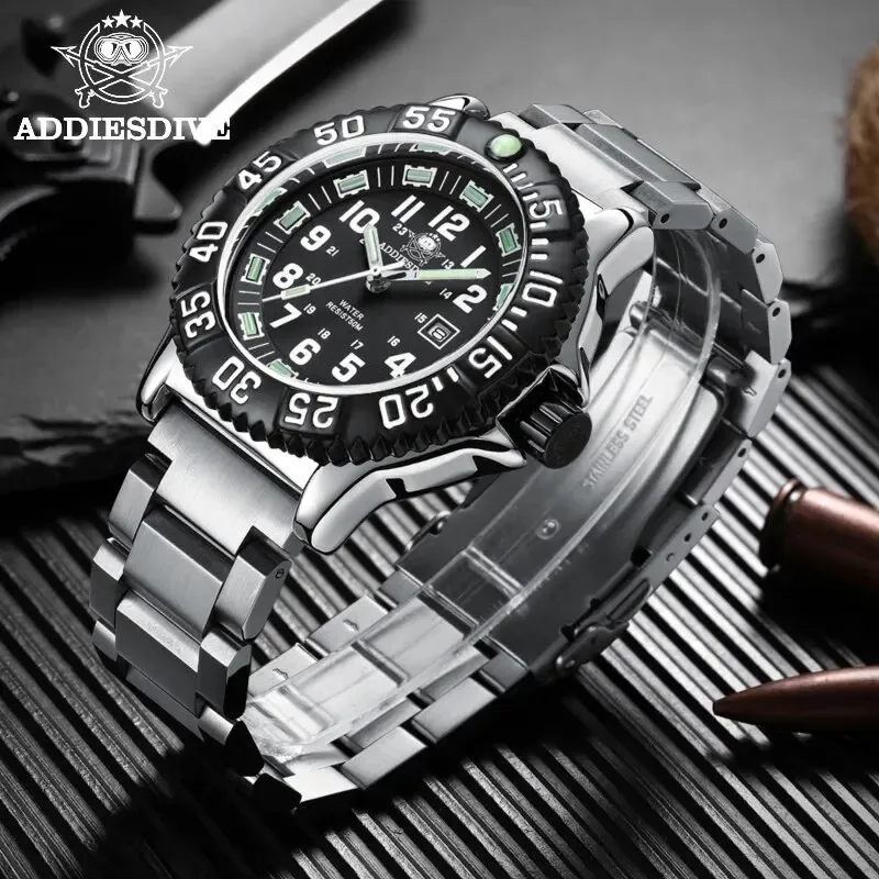 Addiesdive Quartz Watch Men Fashion Casual Watch Calendar Display 50m Waterproof Luminous Sport Watch Black Dial Rotating Bezel