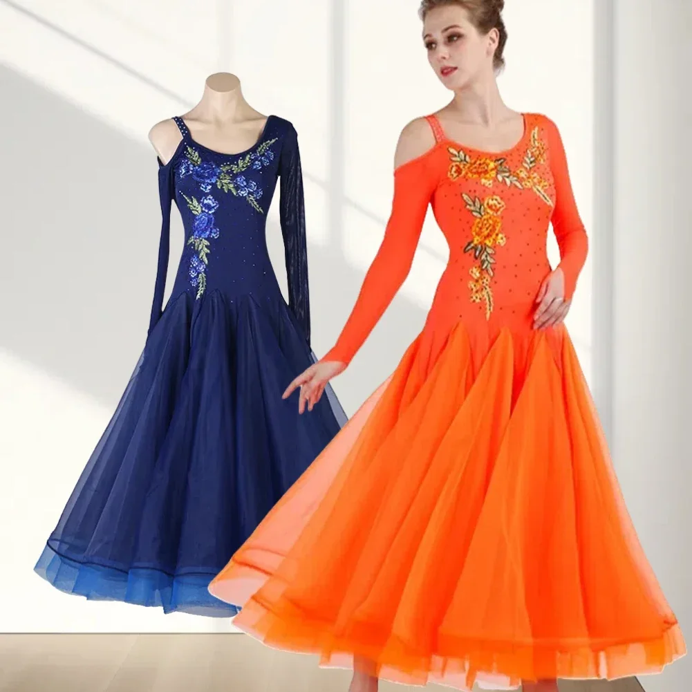 Vestido de fiesta para salón de baile, estilo flamenco, con tirantes, para competición de vals, naranja, manga larga, sin espalda