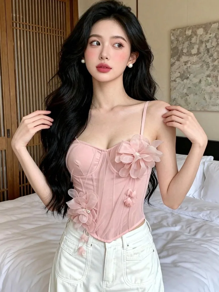 

Handmade Floral Sexy Backless Crop Top Women's Summer New Style Pure Desire Spicy Girl Style Fishbone Bralette Tank Top