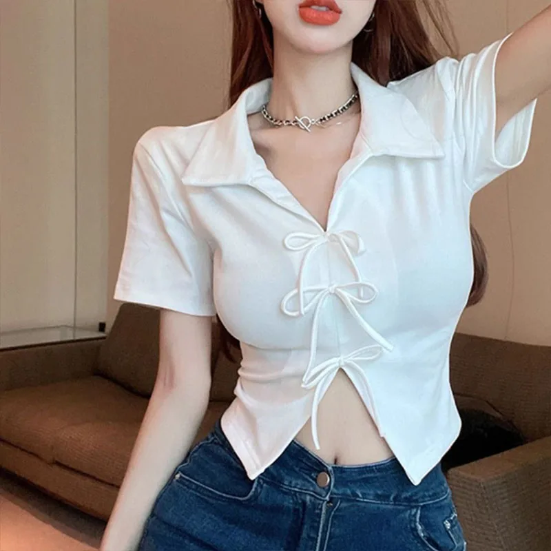 Women Fashion Sweet Slim Crop Tops Summer Vintage Solid Casual T-shirt French Style Lapel Short Sleeve Pullovers