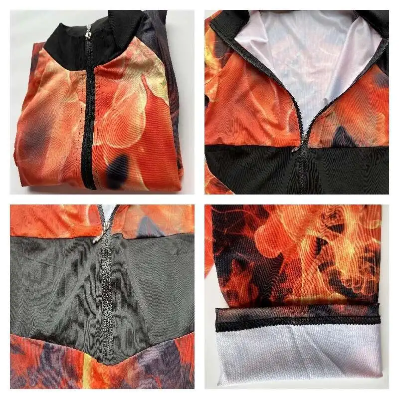 Spring Autumn Fire Printed Long Sleeves Zipper Sports Jumpsuits For Women Sports Gym One Piece Playsuit