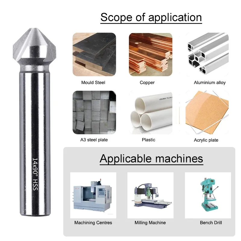 AZZKOR 4.0mm-6.5mm Deburring Trimming Countersunk Drill 6542 High-Speed Steel 90 3-Flutes Inner Hole Chamfering Cutter