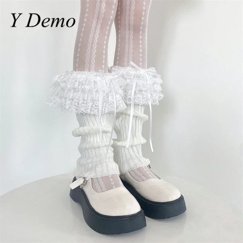 Y Demo Sweet Y2k Lace Patchwork Multi Layers Ribbon Bow Women's Leg Warmer Cute Lolita Knitted Socks