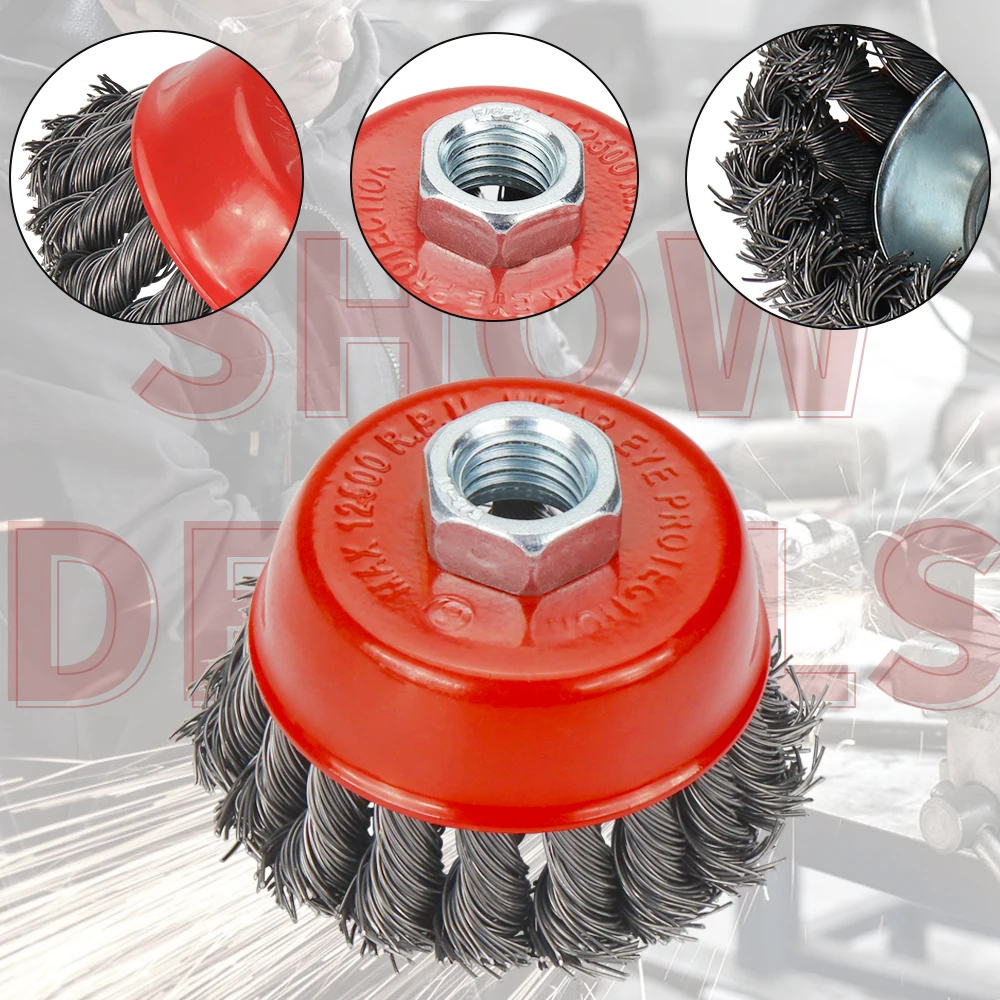 Imagem -06 - Parafuso Torção nó Fio Roda Copo Escova para Moedor de Ângulo Fio de Aço & Liga Metais Torcido & Crimpado Escovas de Fio Peças 75 100 mm