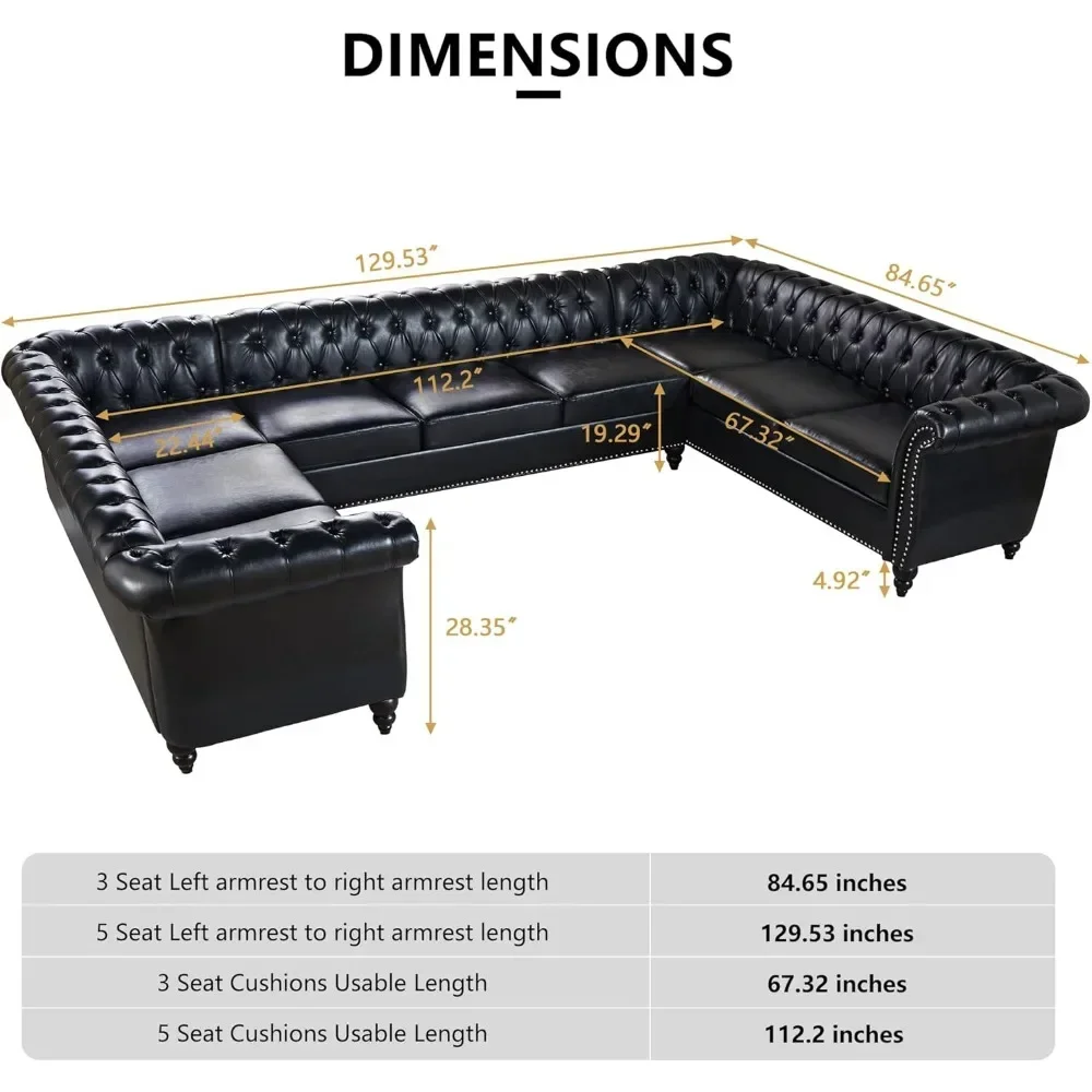 Retro U-Shaped Sofa Sectional Leather Faux Couch 9-Seater Upholstered Large Accent Tufted Sofa With Rolled Armrest And Nailhead