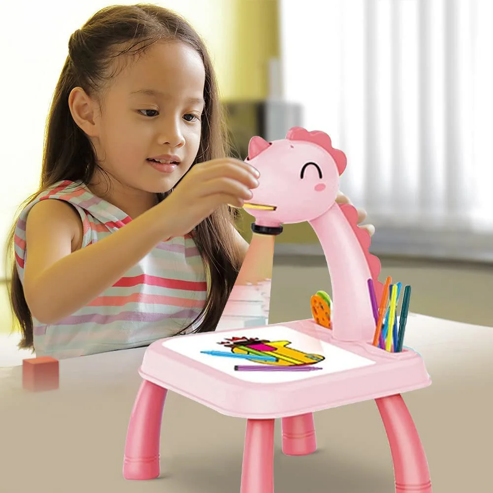 Tavolo per proiettore da disegno per bambini Disegna proiettore giocattolo con luce e musica Set di pittura per proiezione per bambini Regalo rosa