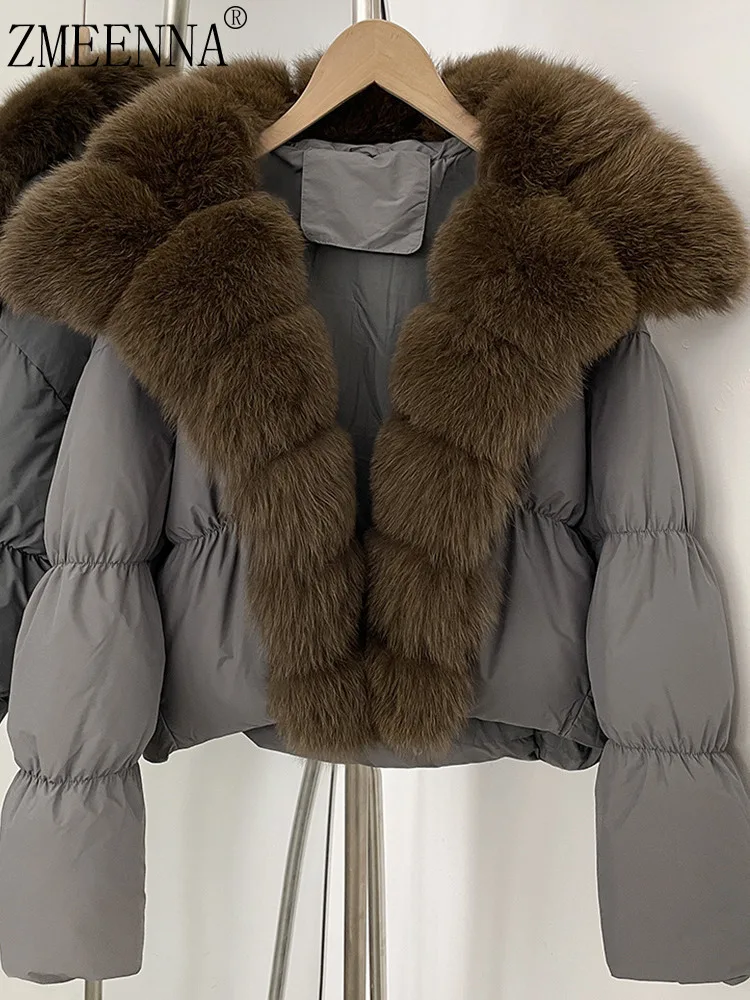 

ZMEENNA Womens Real Fur Collar Down Puffer Jacket Short Winter Coat Warm Bubble Sleeves Drawstring Waist Outerwear ZM4327