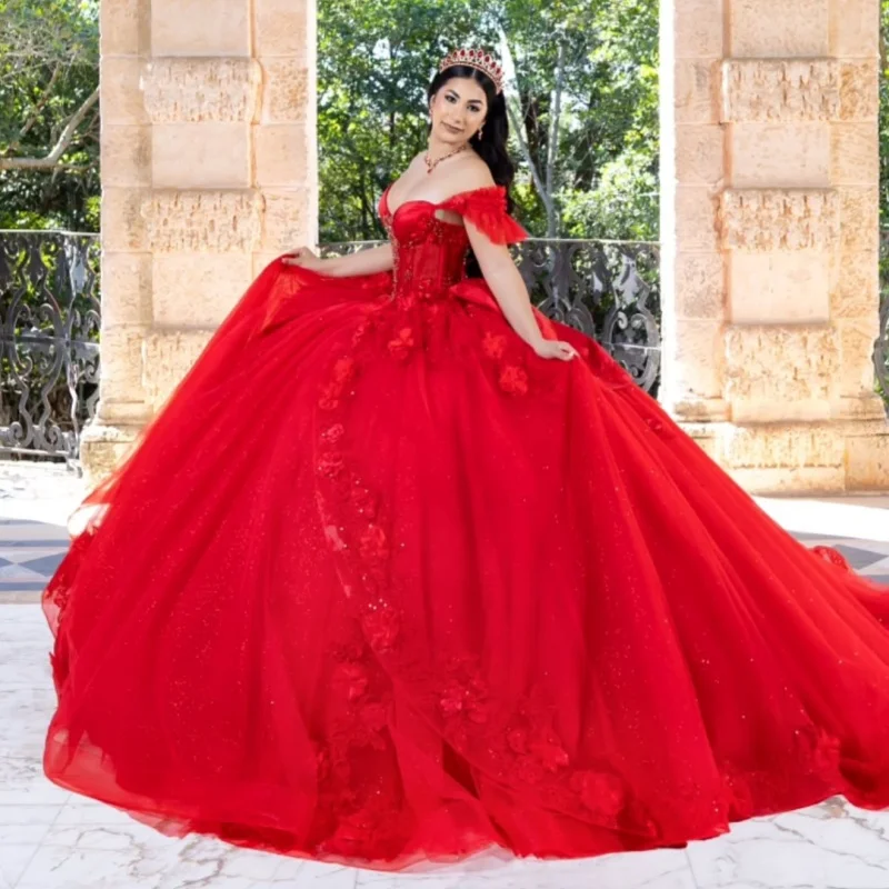 

Красное блестящее платье принцессы Quinceanera с открытыми плечами и аппликацией из цветочных бусин из тюля Sweet 16, бальное платье Vestidos 15 Anos