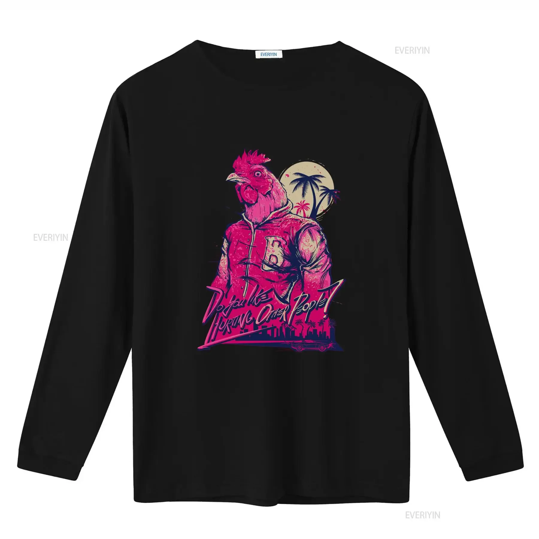Hotline Miami Gaming T Shirt Richard Indie Stylish Rooster Print with Cityscape and Palm Trees Perfect for Trendy Gamers