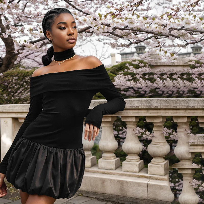 فستان قصير برقبة قارب مرقعة للنساء بأكمام طويلة فستان حفلات للسيدات أسود لحفلات العشاء والولائم فستان قصير ساحر