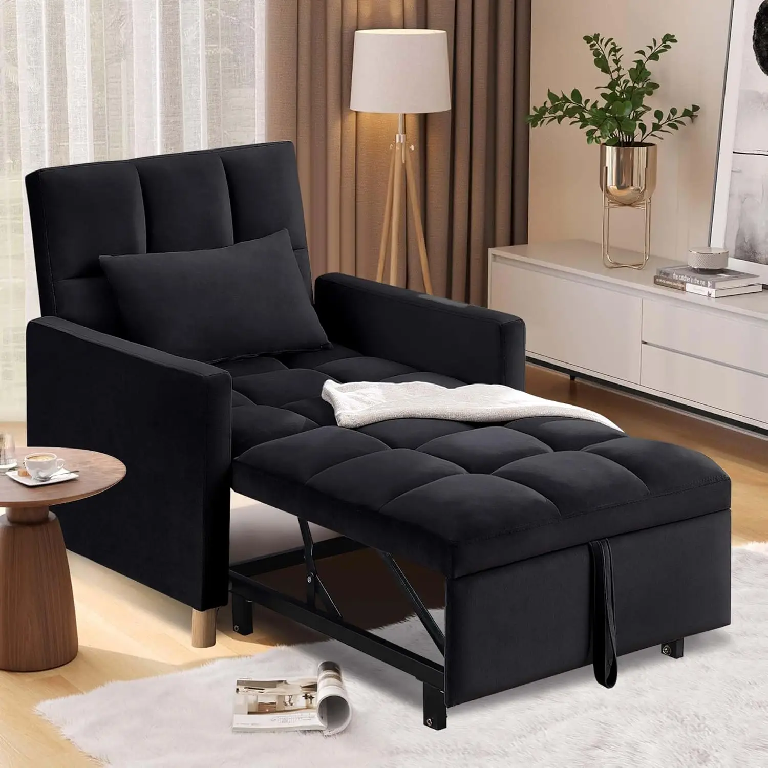 

Convertible Sleeper Sofa Chair Multi-Function Folding Ottoman Couch, Sigle Pull-Out Bed with Adjustable Backrest and Pillow