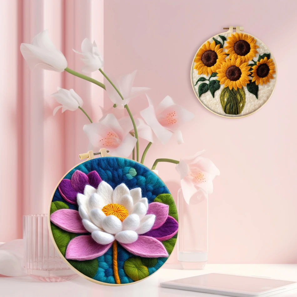 RUOPOTY Diy Wool Felting Painting Flowers Sunflower Lotus With Embroidery Frame Craft Supplies Handicraft Felt Needlework Kit