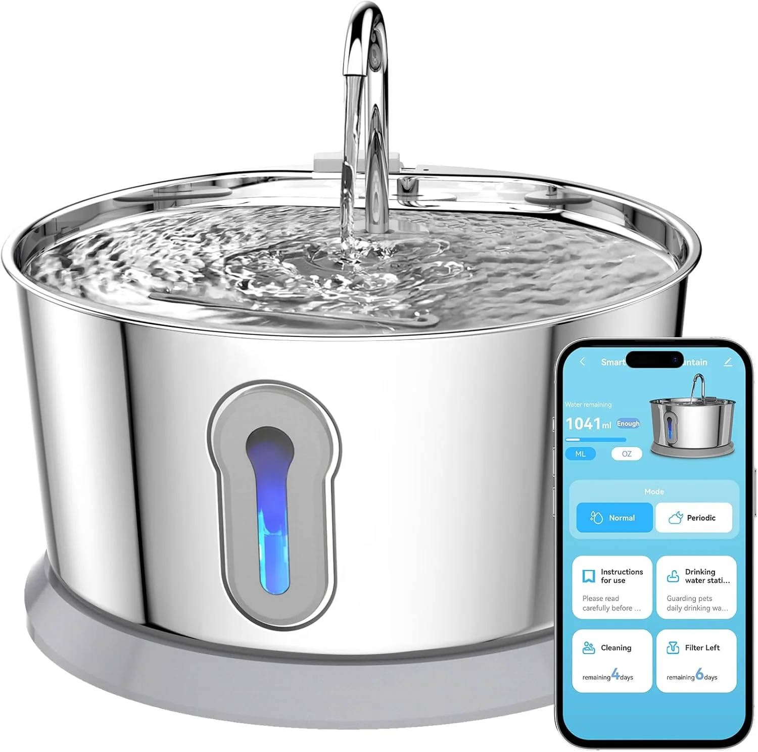 

4L/135oz APP Control Automatic Cat Water Fountain Stainless Steel Pet Fountain for Dog Water Dispenser Wired Water Monitoring