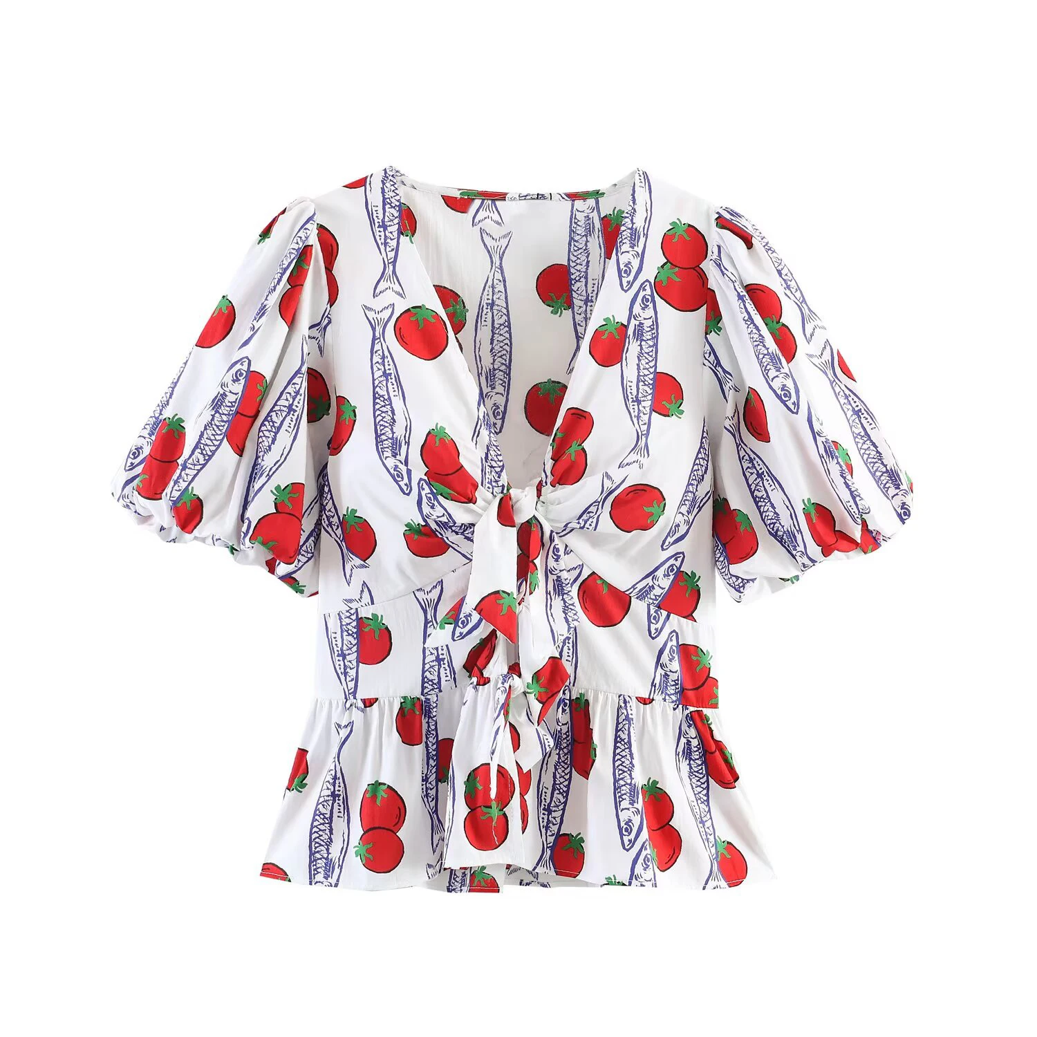 Summer women's 2026 new V-neck bubble sleeve butterfly bow decoration printed shirt pleated shorts set