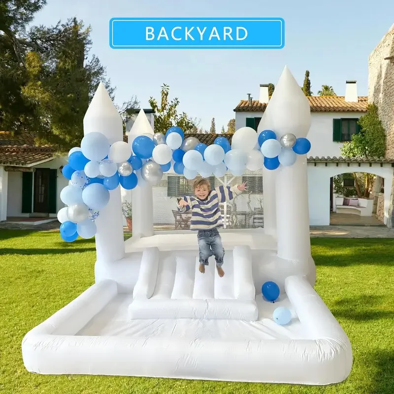 White Bounce House PVC Professional Inflatable Jumping Bouncy Castle Bouncer เด็กเด้งสําหรับงานแต่งงานพร้อมเครื่องเป่าลม