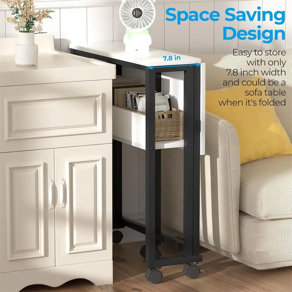 Compact Rolling Desk with Storage, 24.8 White Foldable Computer Desk for Small Spaces, Easy Assembly