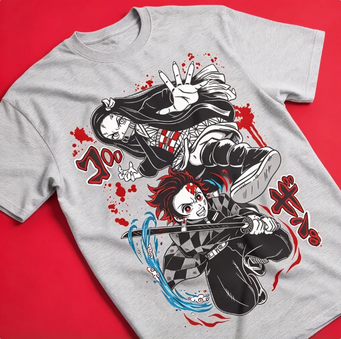 2026 Demon Slayer Tanjiro Nezuko Duo Graphic T Shirt Water Blade Manga Sketch Red Splash Unisex Cotton Anime Streetwear Tee