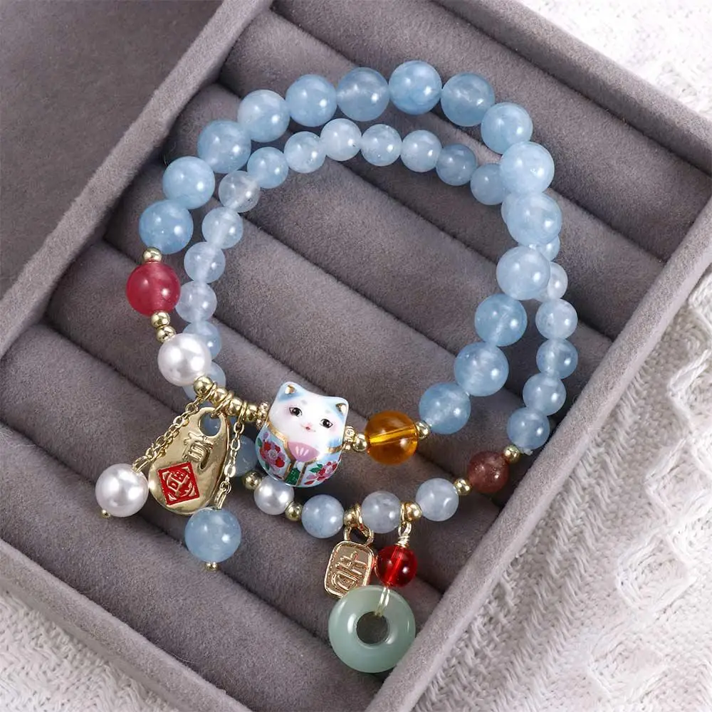 Fortune Cat Blue Maneki Neko Lucky Cat Pendant Crystal Female Hand Chain Stone Bracelets Korean Style Bracelets Bead Bracelets