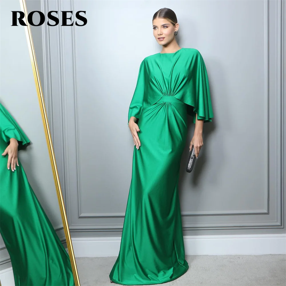 

ROSES O Neck Green Charming Prom Dress Gown Three Quarter Stain Formal Gowns Beach Drop Shipping Evening Gown vestidos de noche