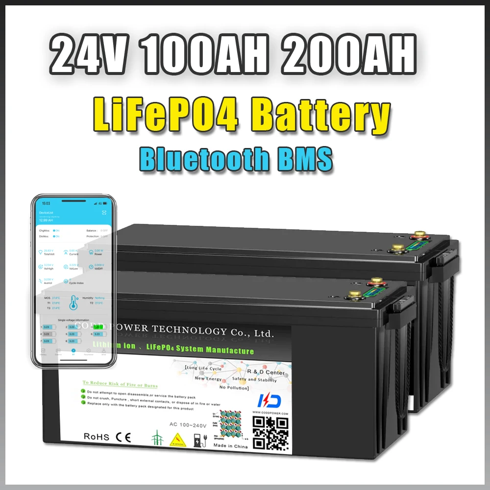 24V 100AH 200AH LiFePO4 Battery Pack Bluetooth BMS 25.6V Battery For Solar Storage Golf Cart RV Yacht Household Energy Storage