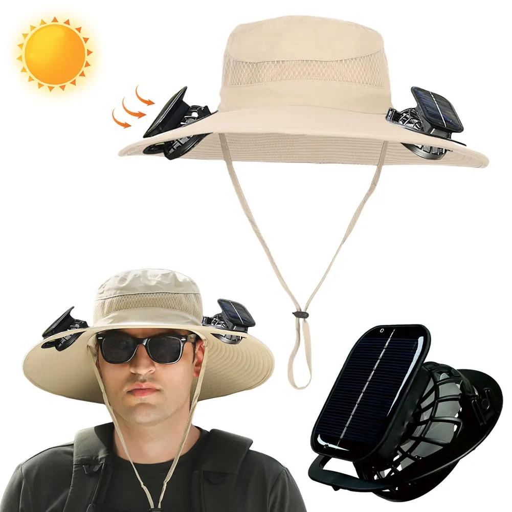 Chapéu de ventilador solar chapéu de sol com 2 ventiladores solares chapéu de pesca ao ar livre chapéu de balde de aba larga para homens acampamento ao ar livre pesca caminhadas