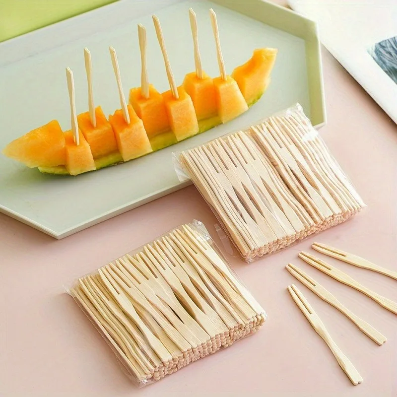 Disposable 2-Prong Wooden Fruit Forks – Bamboo Dessert Forks for Cake & Fruit, Party Snack Picks, Mini Appetizer Utensils