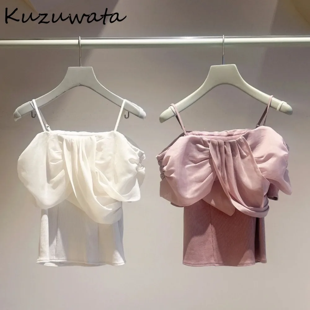 

Kuzuwata Literary French Style Slash Neck Shirt Women Sweet Chiffon Tie Bow Voile Off Shoulder Camis Japan Sling Short Tanks