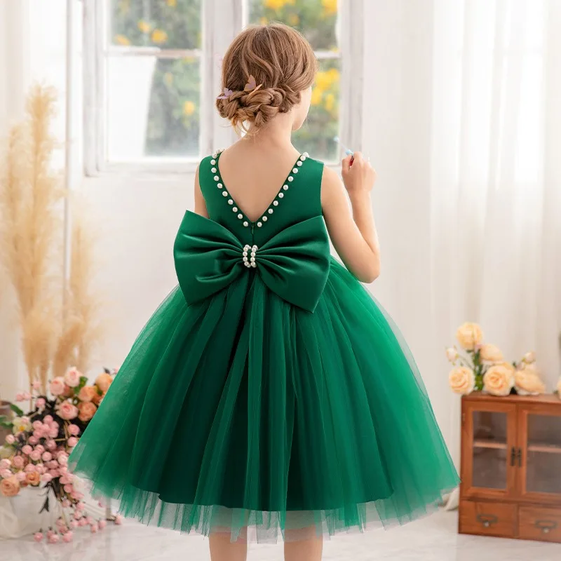 

2-12 Years Old Green Ball Gown for Girl's Dresses Puffy Pearls Bow Kid Vestidos 2 4 6 8 10 12 Years Old Kids Clothes