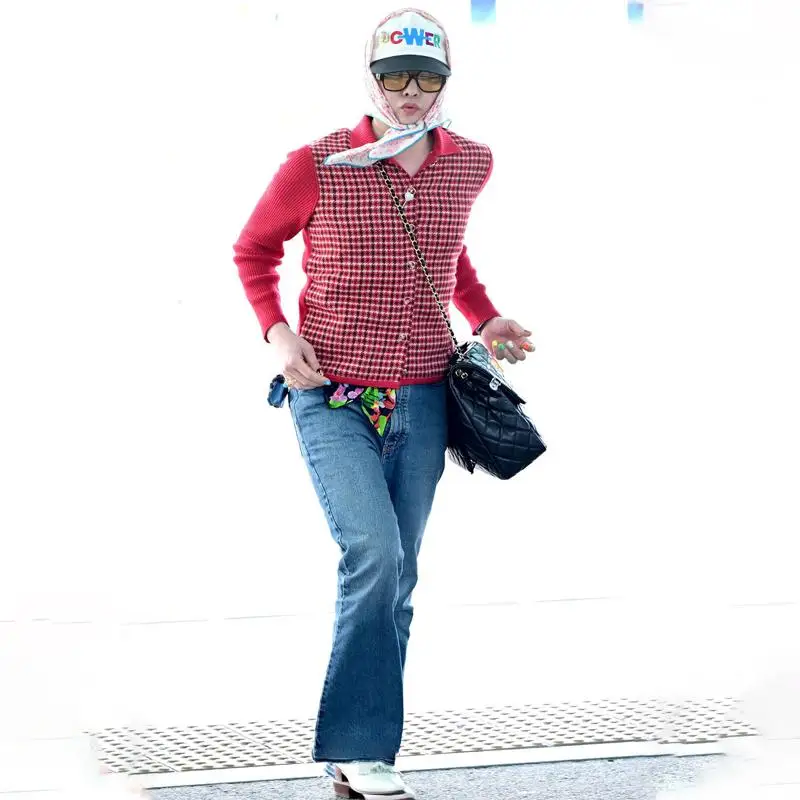 Latest Korean G-Dragon Same Style Power Clothes Red Splicing Thousand Bird Grid Small Fragrant Style Knitted Sweater Jacket Top