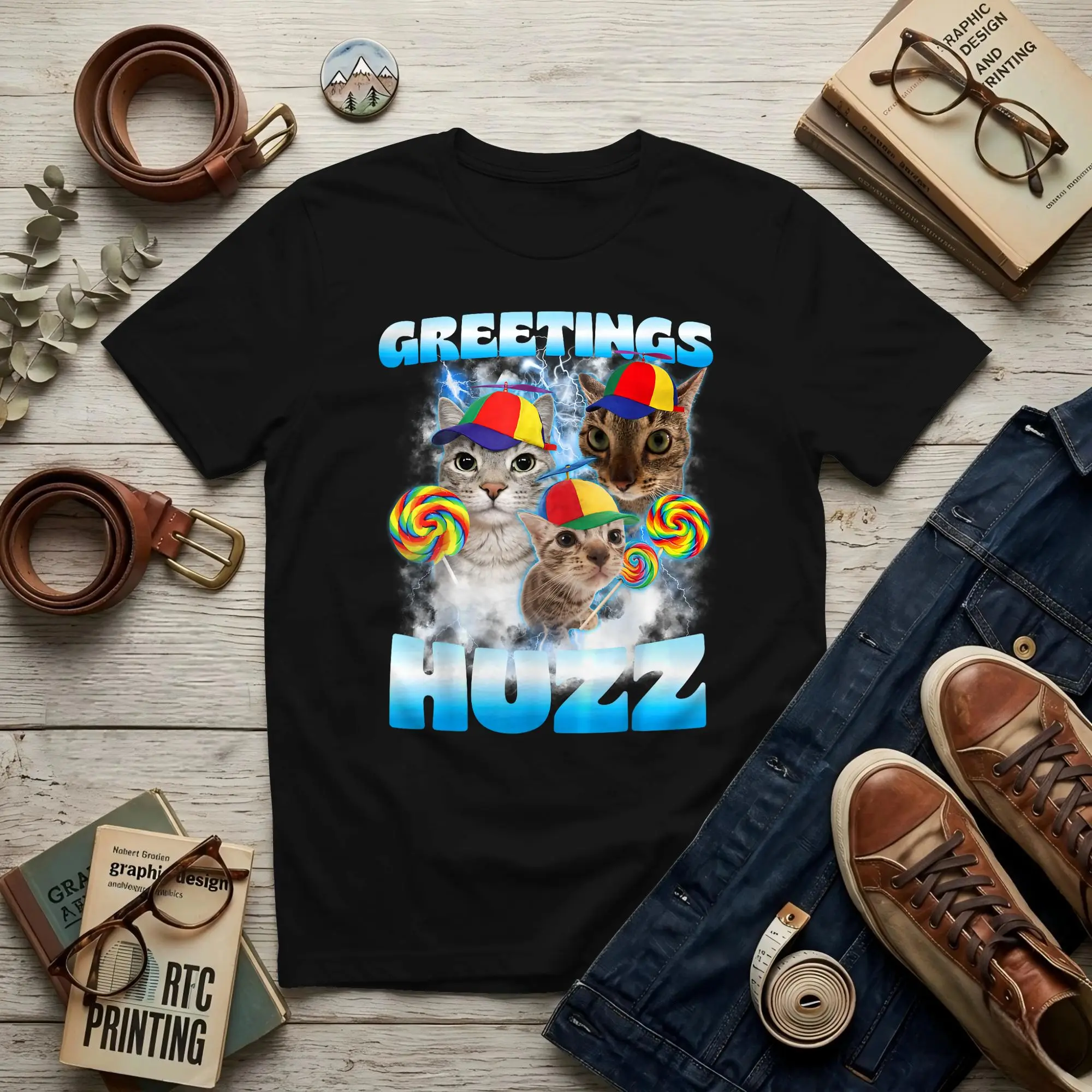 Cat Meme Greetings Huzz Men T Shirt  Cat Fashion Tees Short Sleeve Crewneck Cotton Printing Tops T-Shirt