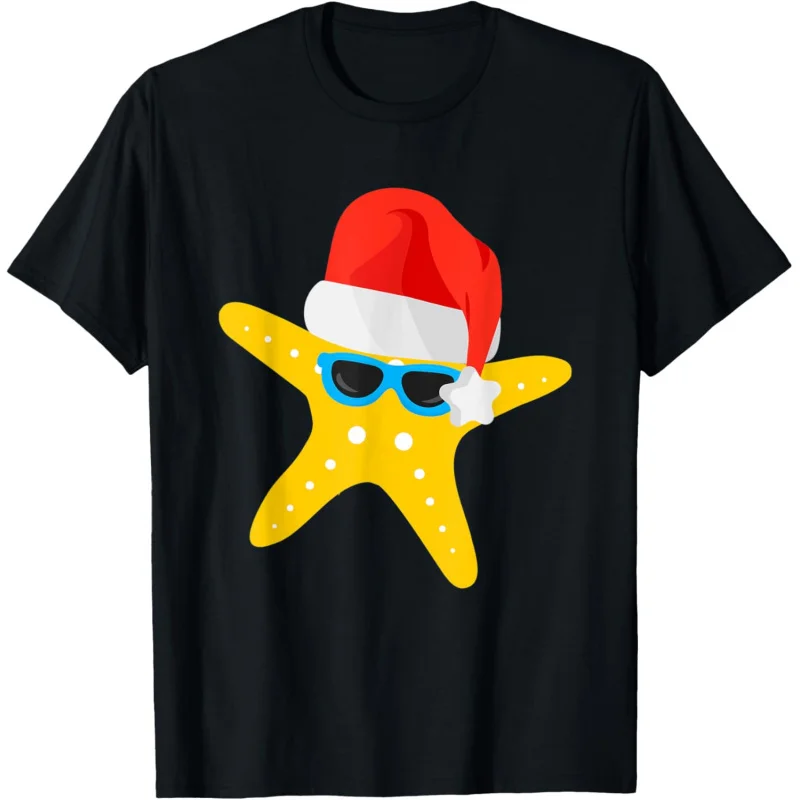 Christmas fun T-shirt with starfish and Christmas hat pattern, black women's short sleeved T-shirt