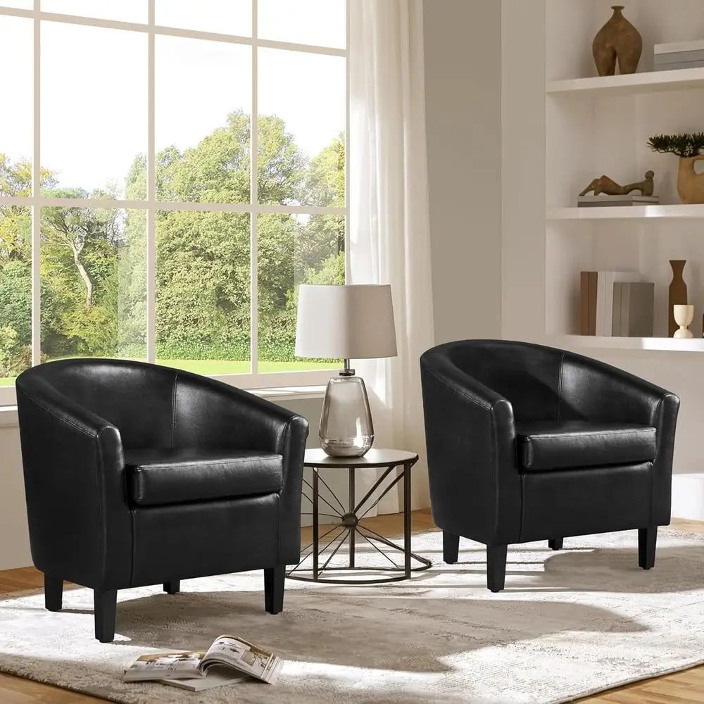 Barrel Chairs Set o 2, aux Leather Club Armchairs, PU Leather Accent Chairs with Sot Padded Seat or Living Room Bedroom Waiting