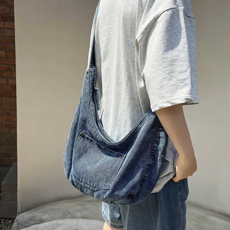 Wear-resistant denim crossbody bag for women, large capacity, single shoulder bag, student casual style, lazy-style lunch bag