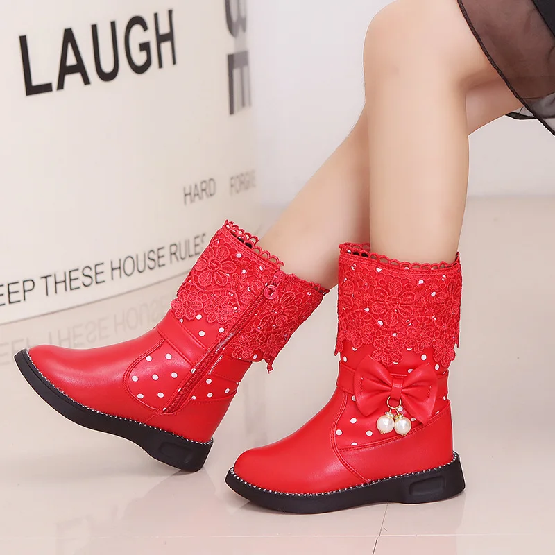 Girls Boots for Kids Autumn Winter Children Fashion Princess Leather Boots Elegant Bowtie Kid Causal Cotton High Boots Chic Lace