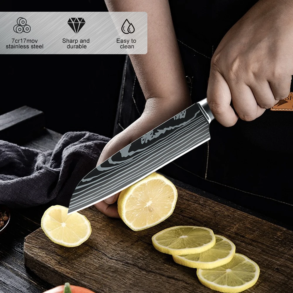 Cuchillo Santoku de alta calidad de 5 pulgadas, cuchillos de cocina de acero inoxidable 7CR17, cuchillo para cortar Ultra afilado para carne, verduras y frutas