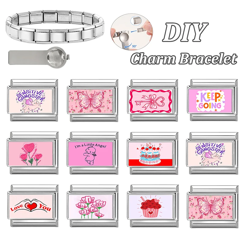Y2K DIY Pink Charm Sweet Cake Cat Heart Bow Key Butterfly Italian Charm Links Fit 9MM Stainless Steel Bracelet Jewelry Making - view 6