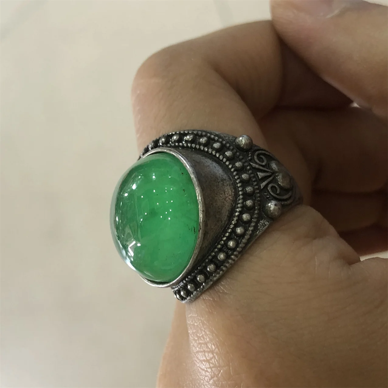 Jewellery Collectible complex Cuban mountain jade the oval gemstones rings old silver setting Finger loops wrench unisex gift