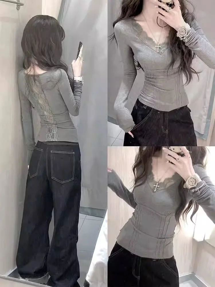 

Retro American ey Lace Splice Long Sve T-irt Women's Autumn Winter Fibone Slimming Hot Girl Base irt