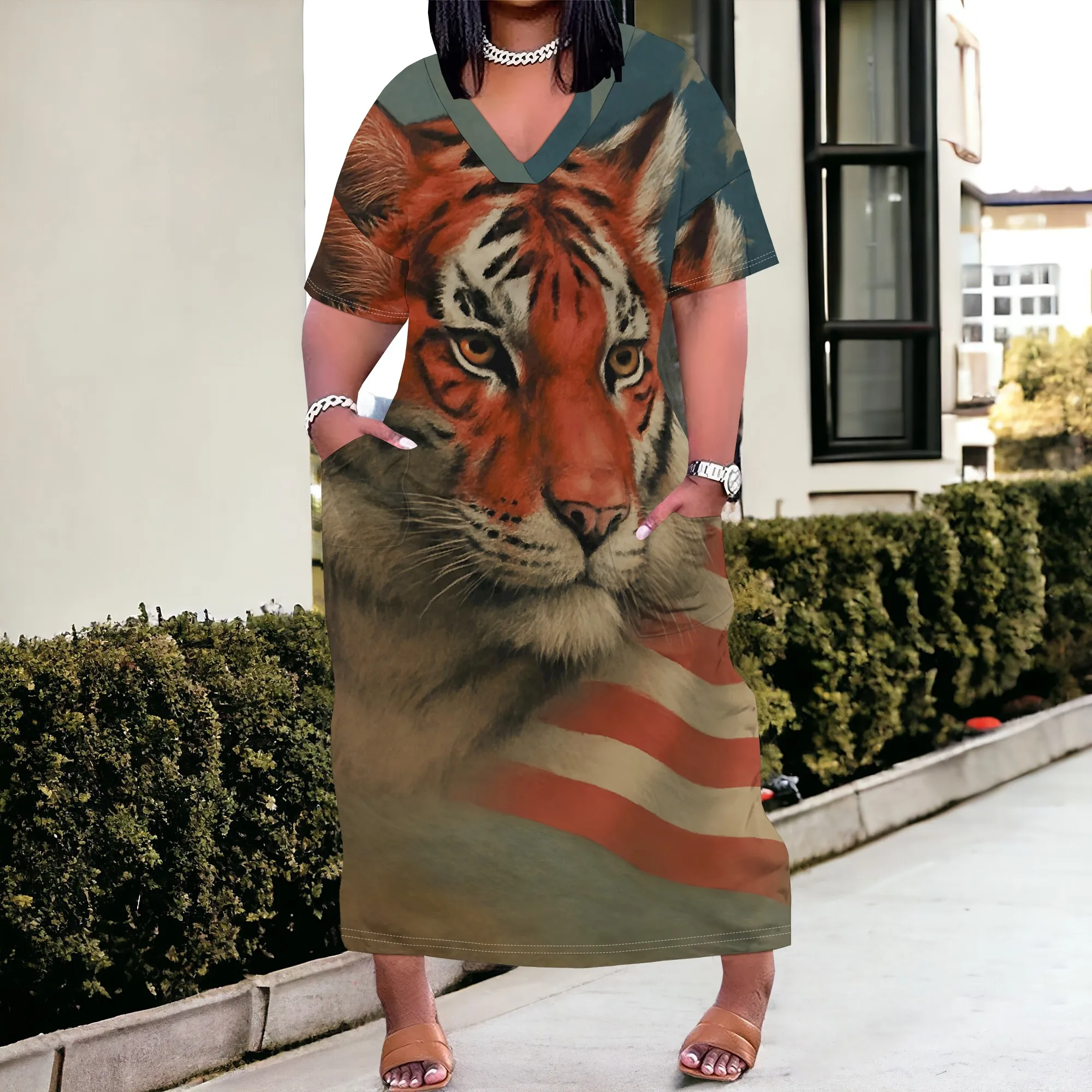 

Fierce Tiger & Flag Dress XL-6XL Women's Oversized T-Shirt Maxi Dress for BBQ, Parade or Holiday Travel