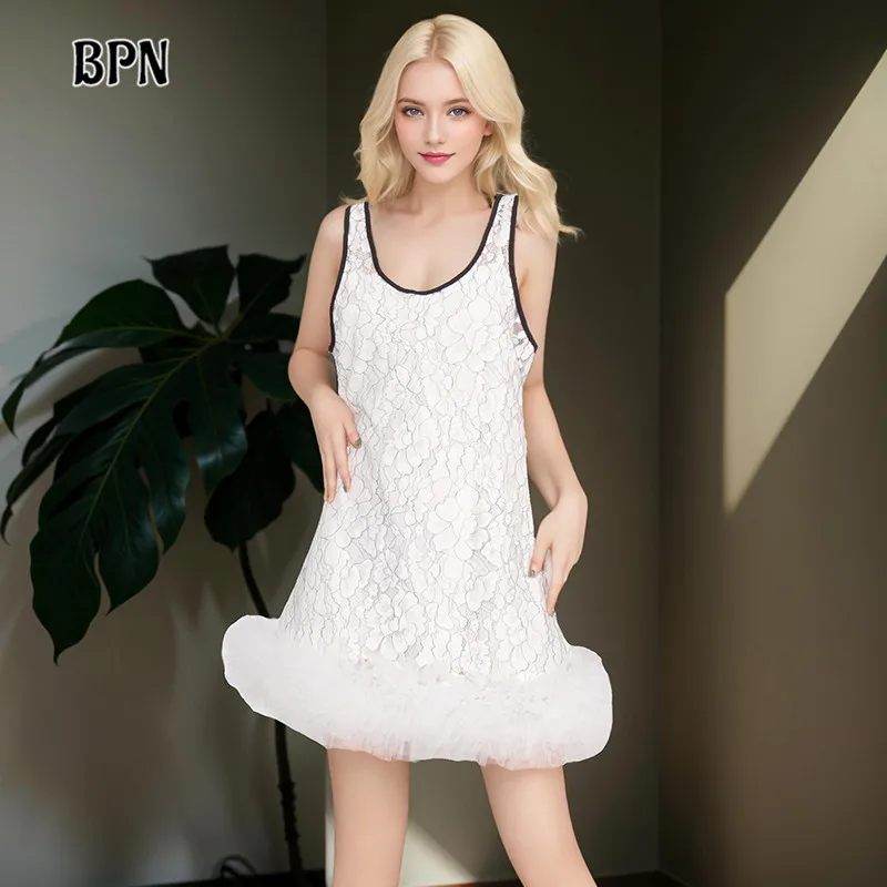 

BPN Sexy Patchwork Lace Dresses For Women Round Neck Sleeveless High Wiast Hit Color Casual Loose Dress Female Fashion Clothing