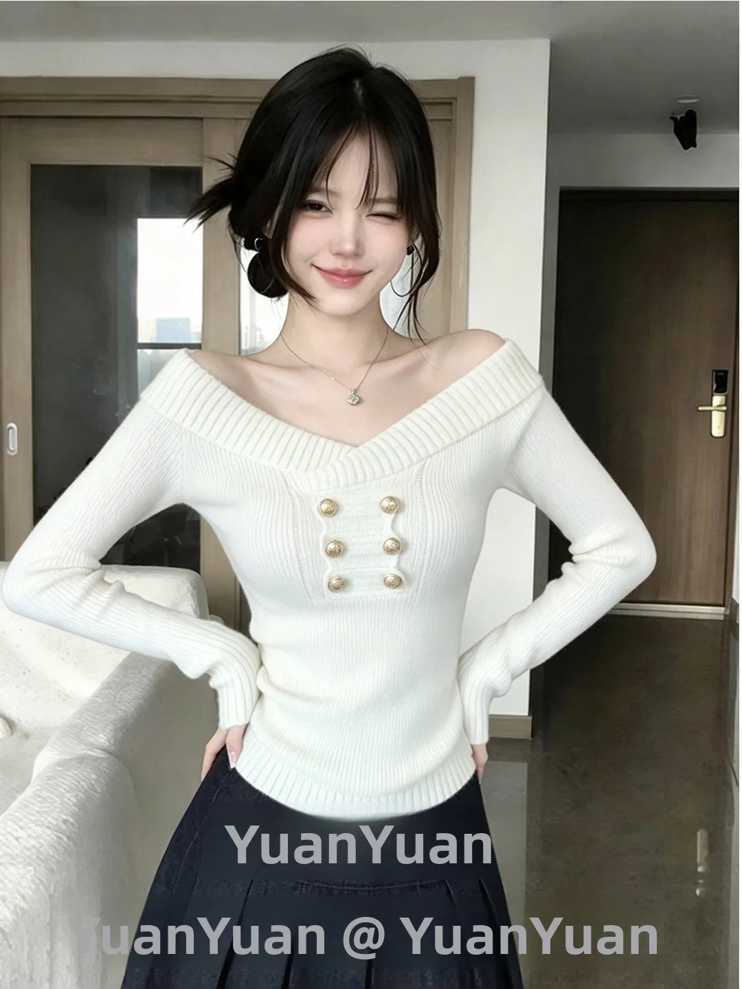 Korean Style One Shoulder Knitted Sweater Women's Slim Fit Metal Buckle Grey Color Autumn Winter New Arrival Soft Polyester