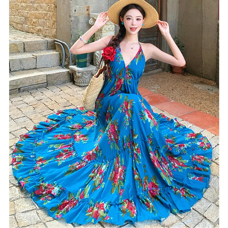 패션 여름 여성 Boho 블루 꽃 맥시 드레스 섹시한 오프 어깨 Backless 여성 v-목 캐주얼 파티 비치 드레스 가운