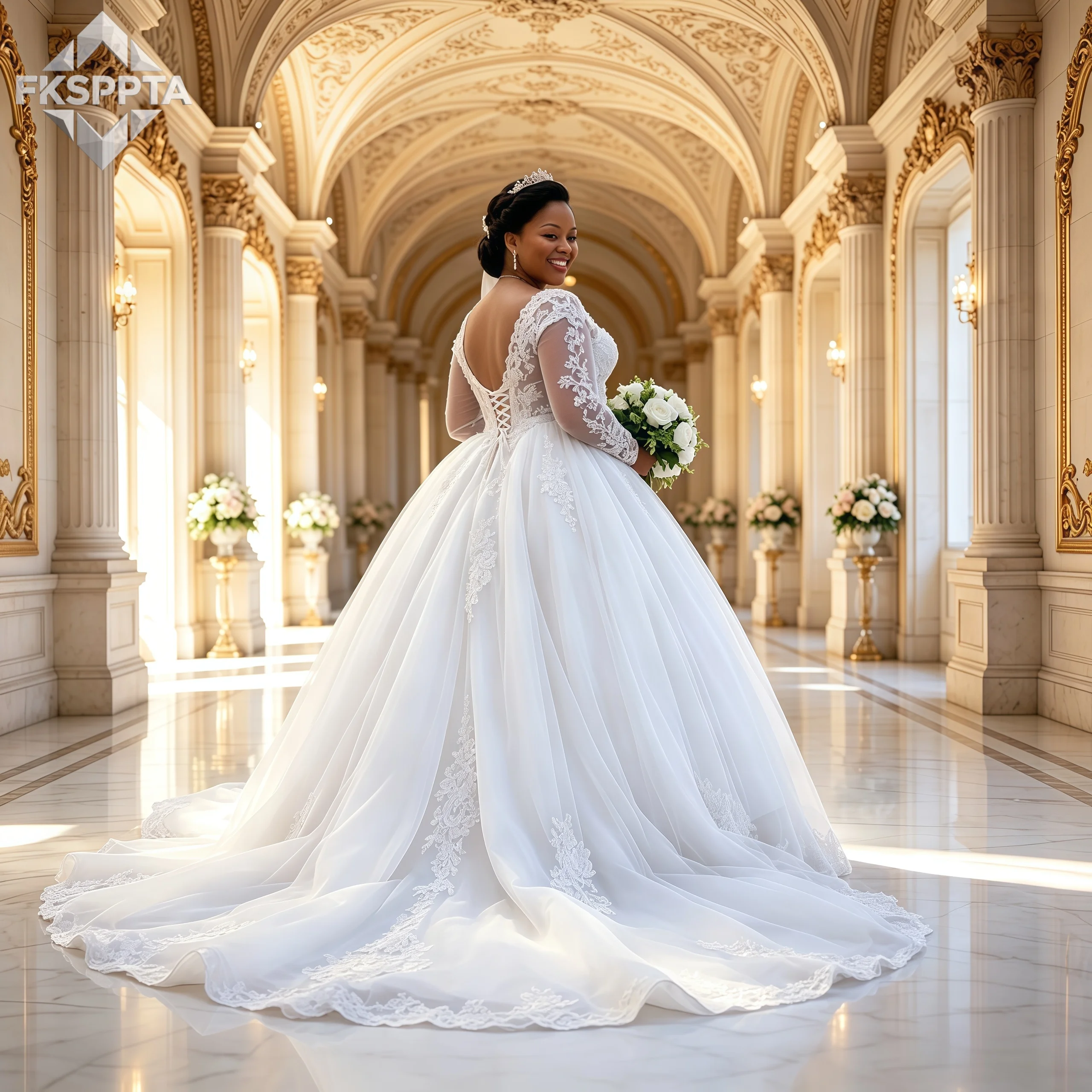 Plus Size Long Sleeve Wedding Dress O Neck Lace Applique Tulle Ball Gown African Bride Wedding Formal Gowns Custom Made