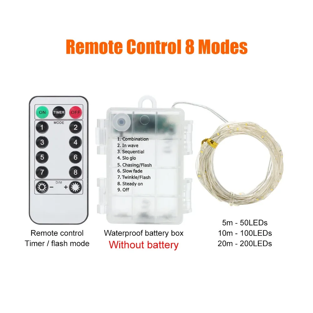 1pcs Waterproof LED String Lights With Remote Control 8 Modes Flash Fairy Garland For Chirstmas Wedding Holiday Decoration etc.