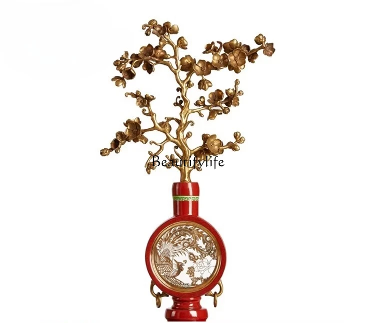 

French Style Ornament Red Ceramic Inlaid Copper Phoenix Flying Brass Plum Blossom Money Tree Decoration