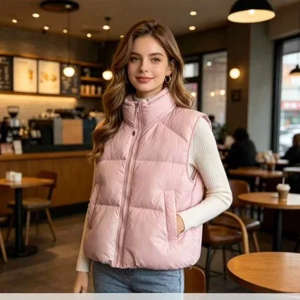 Fashion Warm Waistcoat ﻿Vest Jacket 2026 Solid Color Puffy Windproof Loose Sleeveless Zipper Stand Collar Vest For Women