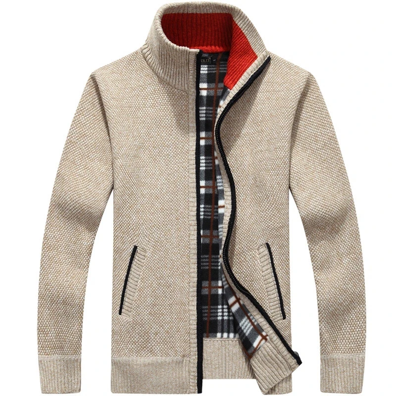Suéter grueso de punto para hombre, abrigo blanco roto, cárdigan de manga larga, forro polar, cremallera completa, ropa informal de talla grande