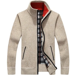 Suéter grueso de punto para hombre, abrigo blanco roto, cárdigan de manga larga, forro polar, cremallera completa, ropa informal de talla grande para Otoño e Invierno