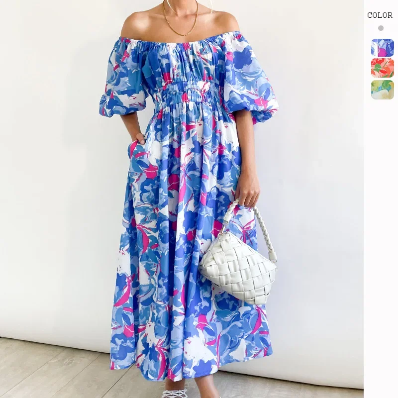 

Temperament square neck printed bubble sleeve drag queen costumes ballroom dress standard
